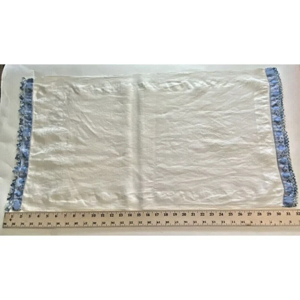 Vintage Tea Towel White Blue Floral Scallop Lace Cottage Core Kitchen Bath Retro